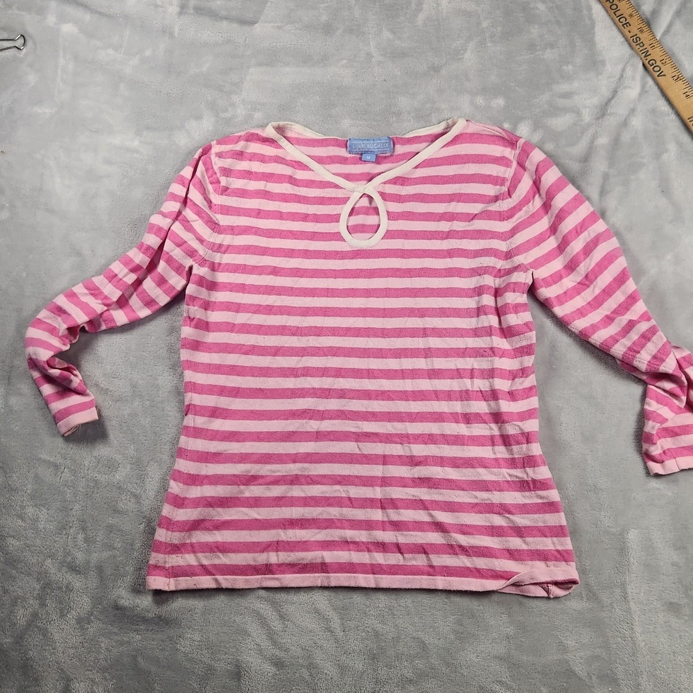 J. McLaughlin M Pink‎ Striped Cotton Sweater Keyhole Neck Coastal Grandma Preppy